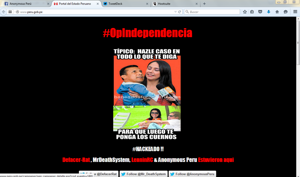 AnonymousPeru's tweet photo. #HACKED #AnonymousPeru #Anonymous #OpIndependenciaPeru Portal del Estado Peruano http://t.co/lWJW9w4lHA #Nadine http://t.co/olCdm3wv8R