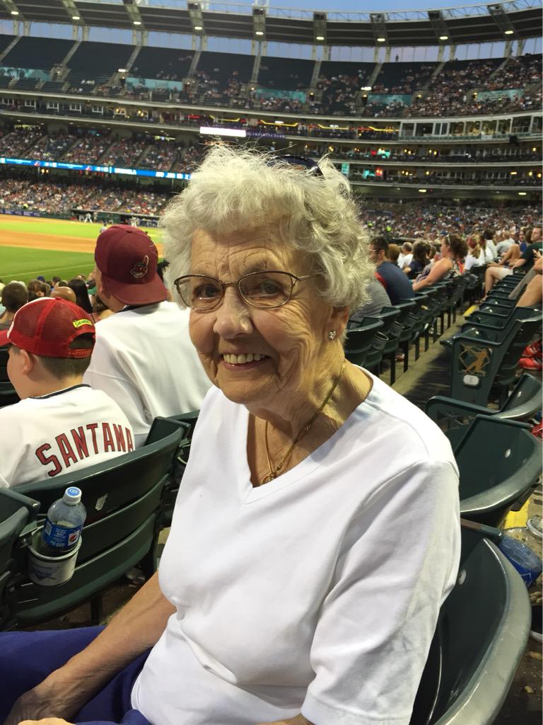 BuckChompers's tweet photo. Miss Parma 1938 celebrating her 95th birthday with her favorite team. #TribeLive http://t.co/moN9H9poVB