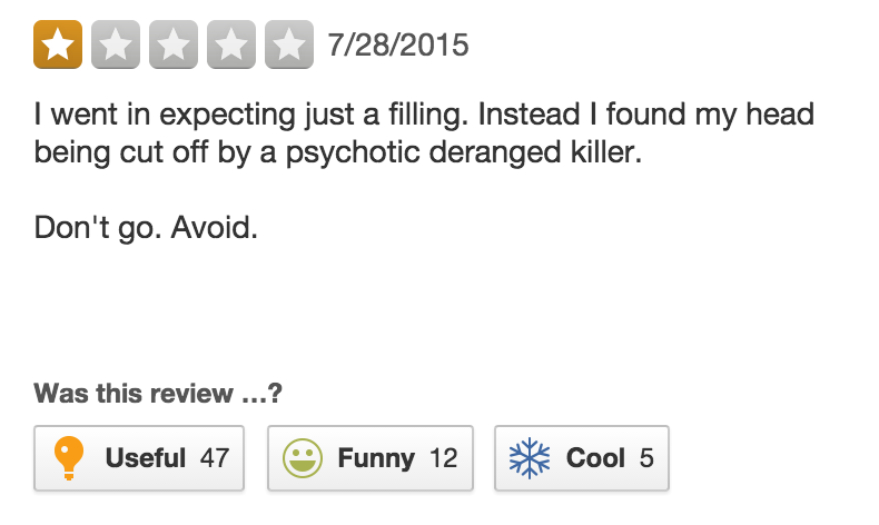 ThePoke's tweet photo. The dentist lion killer is getting lots of new Yelp reviews for his surgery http://t.co/z0ZB6cJrpc http://t.co/I7Os52oIwM