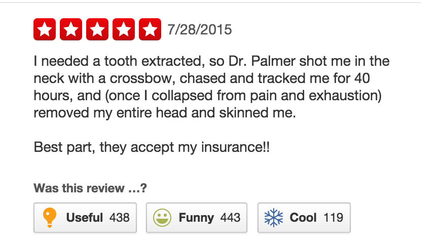ThePoke's tweet photo. The dentist lion killer is getting lots of new Yelp reviews for his surgery http://t.co/z0ZB6cJrpc http://t.co/I7Os52oIwM