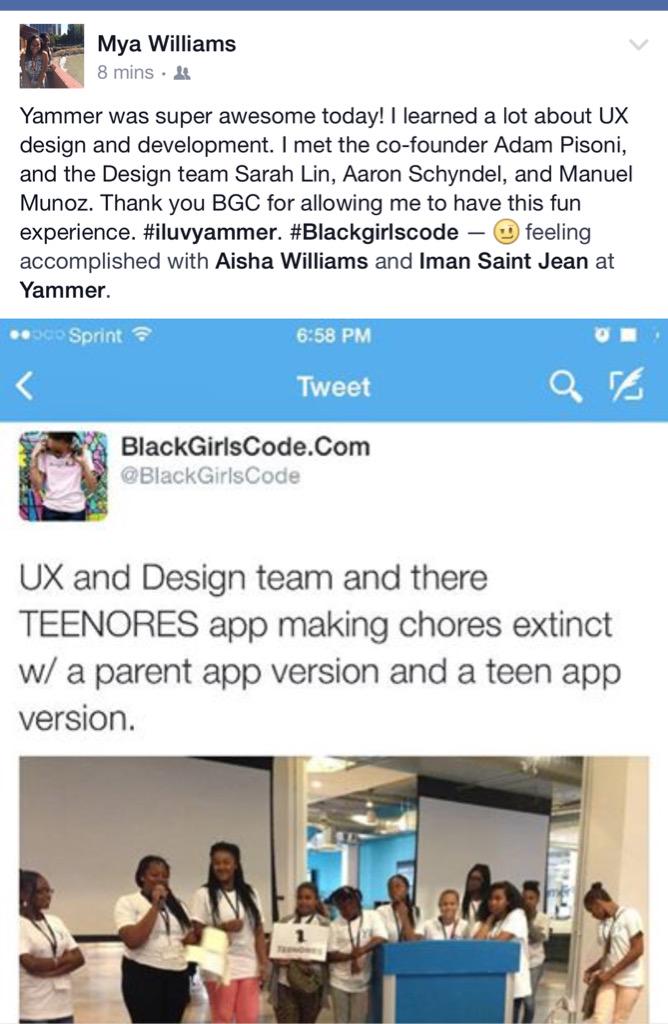 Imansaintjean's tweet photo. Thanks @6Gems @BlackGirlsCode @sarahlindesigns @vanschyndel @adampisoni @Mya_Fiya had a blast today @Yammer http://t.co/ardcG6GbF0