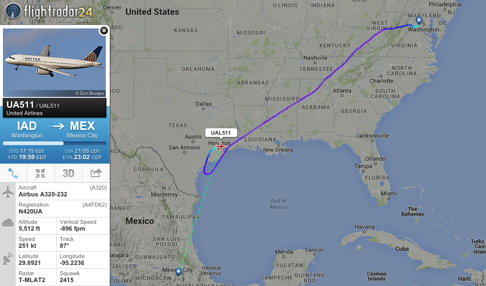 flightradar24's tweet photo. #UA511, Washington-Mexico City, is diverting to Houston with a maintenance issue. http://t.co/QYxcDKUvOF http://t.co/WfHhCaKuQ7
