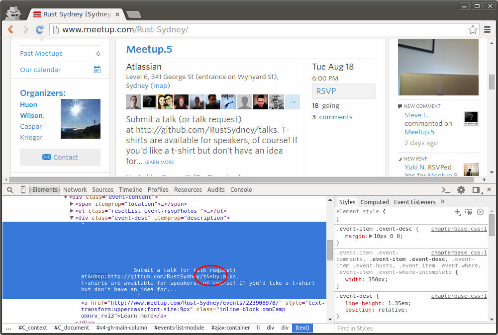 asparck's tweet photo. @Meetup_Support bug report: event list causes "&amp;shy;" to be inserted into links, which breaks copy-pasting them :( http://t.co/D3M6ucrA1X