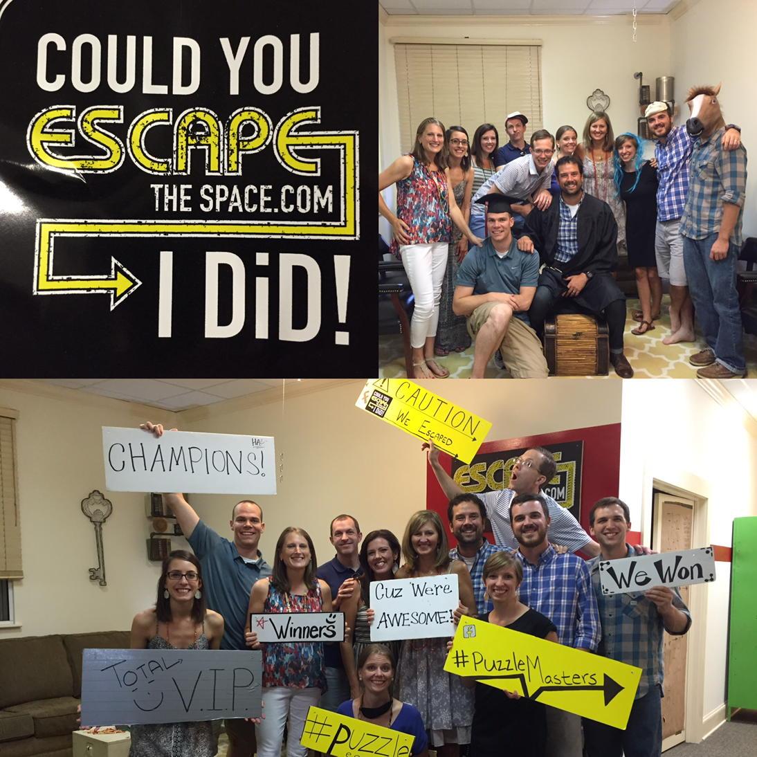 JLauerVB's tweet photo. A fun night celebrating my wife's birthday with great friends #escapethespace #winners #newrecord #thechampsarehere http://t.co/taqfis5l8N