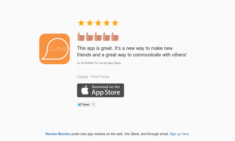 FindYourClique's tweet photo. 5 Star Review "👍🏻👍🏻👍🏻👍🏻👍🏻: This app is great. It's a new way to make new friends and a grea…" https://t.co/26k100SuJ8 http://t.co/0i5Mt3nyUk