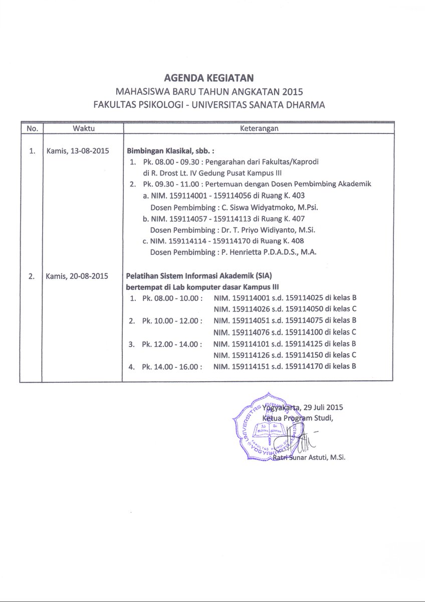 Agenda Kegiatan MaBa 2015 Fakultas Psikologi Universitas Sanata Dharma. Selamat menjalankan KRS dan BRS..