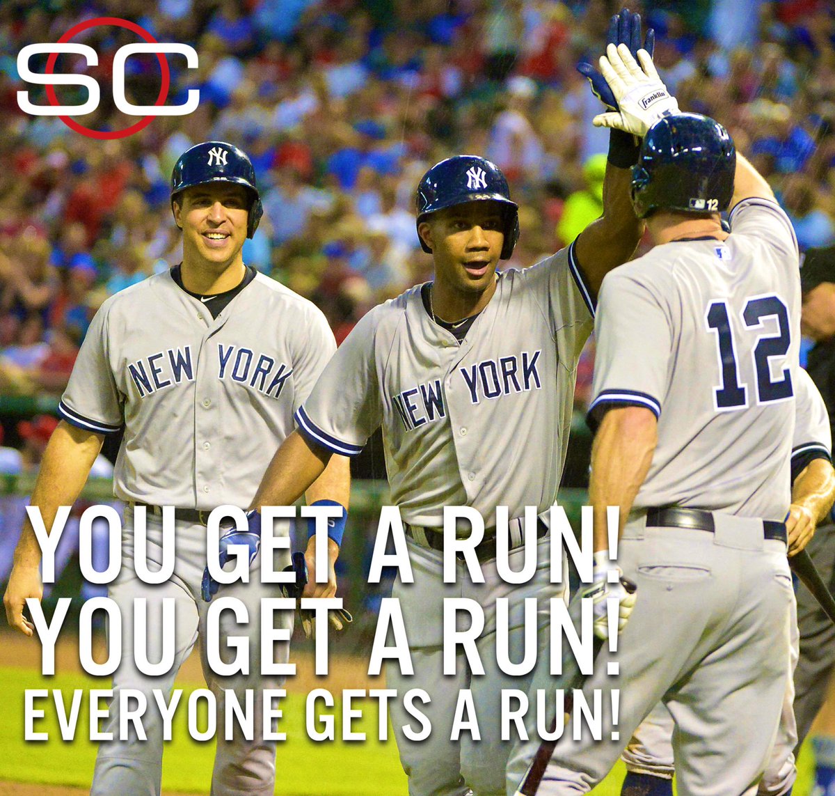 SportsCenter's tweet image. Everybody scores!!! All Yankees' starters cross the plate in their 21-5 win over Rangers. NYY has won 13 of last 16.