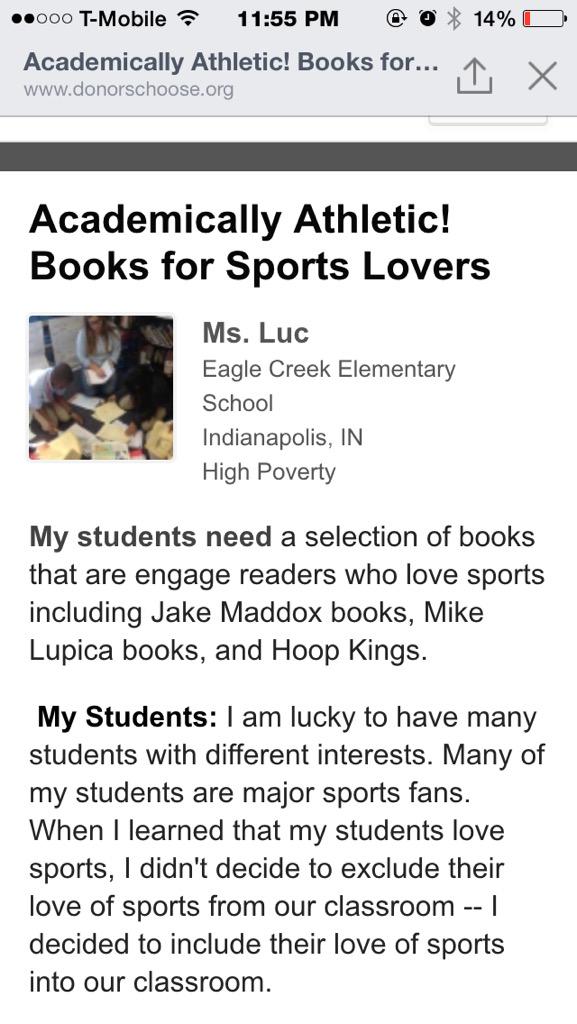 MsLucsLearners's tweet photo. Please consider supporting my first @DonorsChoose project to get sports-related books for the 5th graders at ECES! http://t.co/7YWpX9xt8H