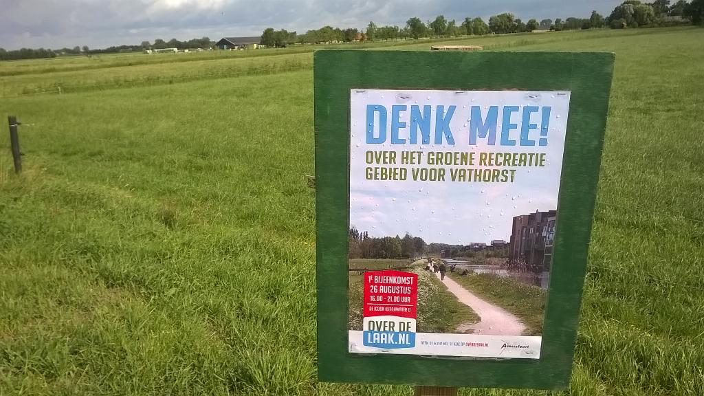 Denk mee over het groene recreatiegebied van Vathorst Noord. Kom 26 aug. naar het Icoon. Zie: overdelaak.nl