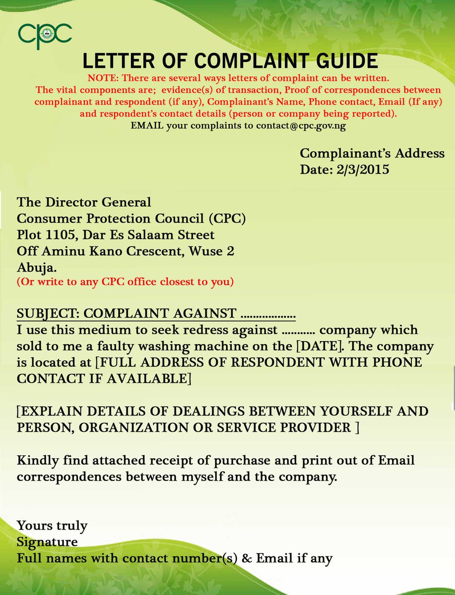 FCCPC Nigeria on Twitter: "Writing a letter of complaint to the