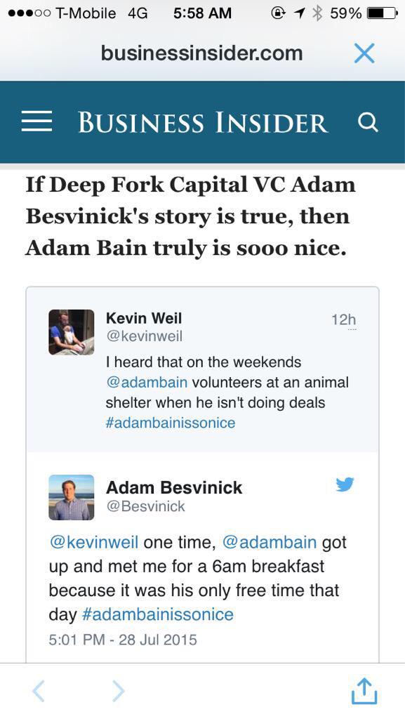 @Besvinick @adambain and @kevinweil crushing @businessinsider because #AdamBainIsSoNice (P.S. True story) http://t.co/AKzlixcvWa