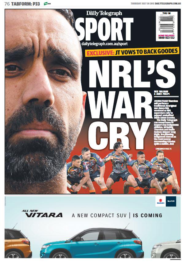 JamesSilver3's tweet photo. On @telegraph_sport back: Thurston vows indigenous war dance as NRL backs Goodes via @nickwalshaw &amp; @telejamesphelps http://t.co/GUZULRMW1F