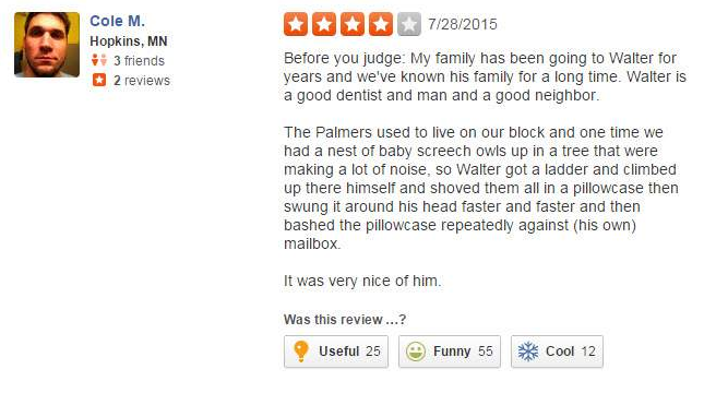 StansaidAirport's tweet photo. #WalterPalmer Yelp reviews - 1

#CecilTheLion 
#PrideOfTwitter http://t.co/l4CZBv5VB4