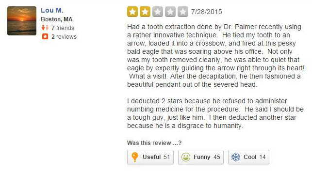 StansaidAirport's tweet photo. #WalterPalmer Yelp reviews - 2

#CecilTheLion 
#PrideOfTwitter http://t.co/WDU9NU7cJN