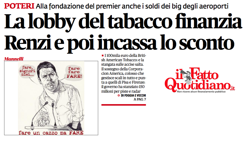 AgivapeNews's tweet photo. Il Fatto Quotidiano: La #lobby del #tabacco finanzia #Renzi e poi incassa lo sconto http://t.co/9QPpZXQDIy  #ecigs http://t.co/LXoGNtvLhy
