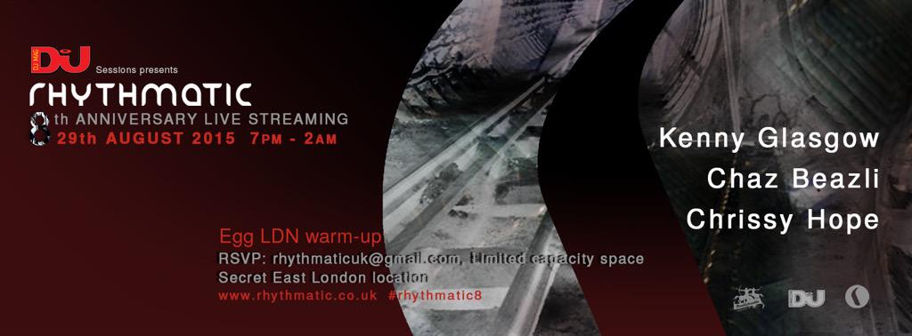 <a href="/DJmag/">DJ Mag</a> live streaming 29 August #kennyglasgow <a href="/ChazBeazli/">Chaz Beazli</a> #chrissyhope <a href="/london_work/">London live work</a> RSVP rhythmaticuk@gmail.com