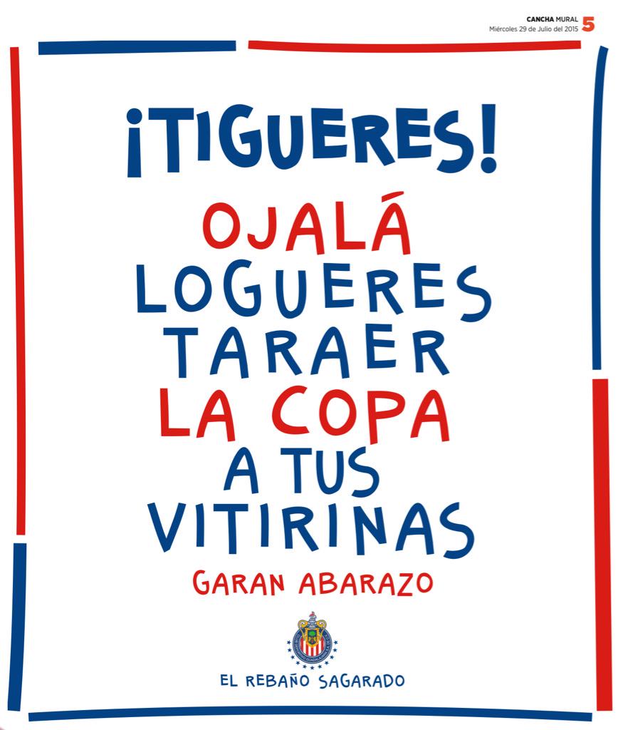 SanCadilla's tweet photo. Con este desplegado publicado hoy en @canchamural, las @Chivas también se suman al #TodoMéxicoEsTigre http://t.co/VBEtVFNjrQ