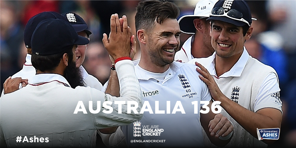 Australia 136 all out!
<a href="/jimmy9/">James Anderson</a> take a bow!
6-47 in the 3rd Investec #Ashes Test