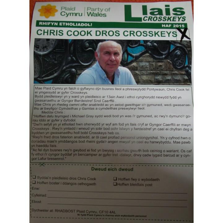 PlaidIslwyn's tweet photo. Pleidleisiwch dros Chris Cook fel cynghorwr nesa' Cross Keys yn etholiad Cyngor Bwrdeistref Sirol Caerffili.
#Plaid15 http://t.co/jFfTDsY2NV