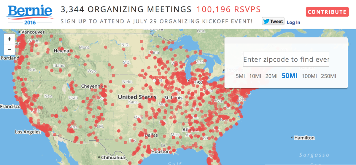 BernieSanders's tweet photo. We just hit 100,000 RSVPs for tonight’s nationwide organizing meetings! Join us! http://t.co/eoxQ1bJZ3l http://t.co/7TEDd83yTa