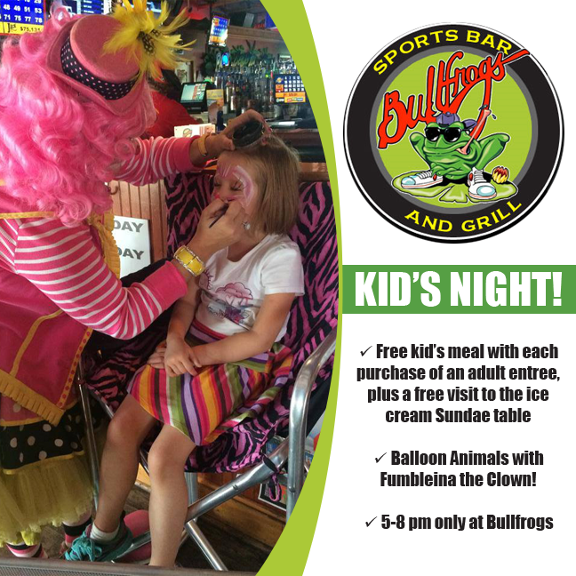 Bullfrogs_Bar's tweet photo. Kid's Night at Bullfrogs! #Ortonville #Clarkston http://t.co/CwjiDuoLNA