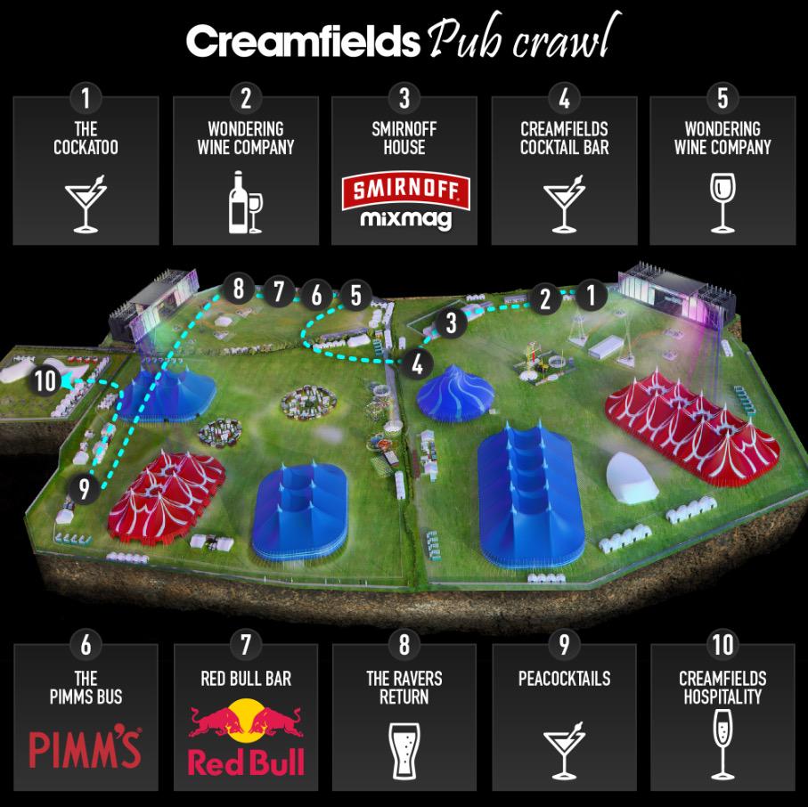 Creamfields's tweet photo. Who's going to attempt the #CreamfieldsPubCrawl then? 🍺🍹🍸🍷 http://t.co/kvdFIse4KS