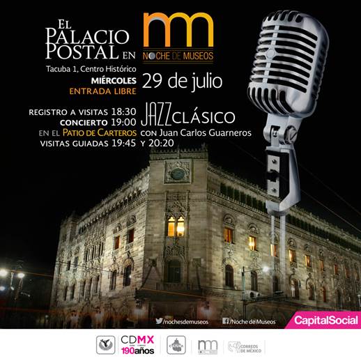 higaredasi's tweet photo. No te pierdas en esta @nochedemuseos un concierto de jazz clásico, en el Museo Palacio Postal. #CDMX @HectorSerranoC http://t.co/YnrDDIiZHg