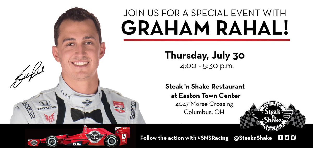 SteaknShake's tweet photo. #Columbus: join @GrahamRahal before @Mid_Ohio &amp; be the first to see his new #Buckeye gear. #SNSRacing http://t.co/BWzAFnPV6r