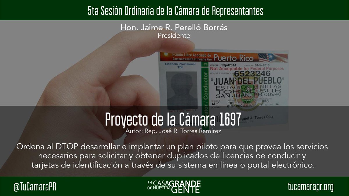 CamaraConPR's tweet photo. Con el #PC1697, podrías obtener duplicados de licencias de conducir o tarjeta ID por internet. http://t.co/oOJfOjtuCW http://t.co/ZHqvuEBxuh