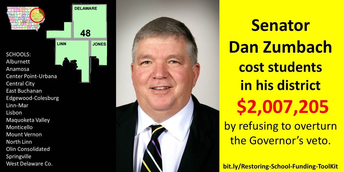 IowaSenate's tweet photo. These schools lost $2,007,205 when their Sen, Dan Zumbach, refused veto override. http://t.co/dEP4S3LuoU
#iaedfuture http://t.co/GRmAk2eeIF