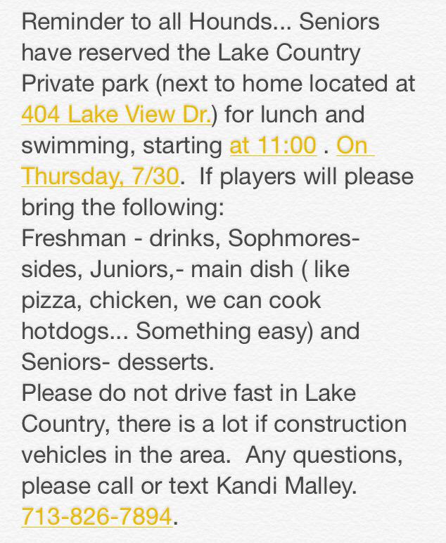 Rising 9th-12th graders pre season get together.  If you are interested in swimming and eating see details.  TPD