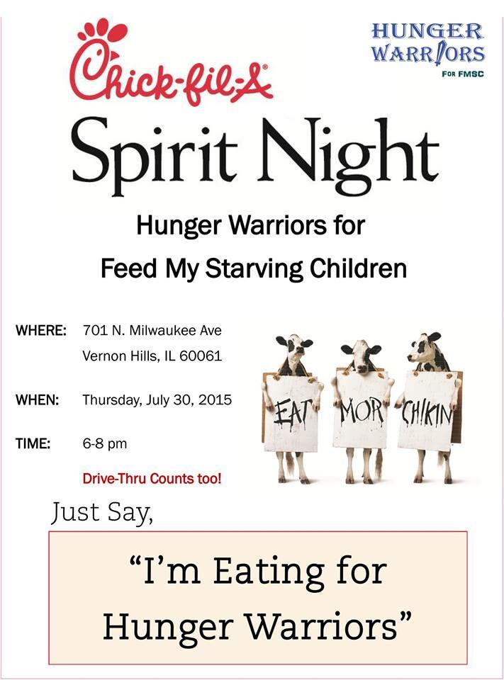 HWforFMSC's tweet photo. #Spirit Night #Libertyville. Just say u r "Eating for Hunger Warriors" &amp; 15% of your purchase will go to FMSC http://t.co/8aLWiPcm39