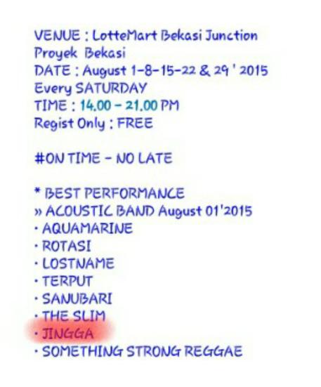 Ayo yg maming bingung mau kemna! Dteng aja ke Lote Mart Ada Jingga yg bkal ngehibur kalian. &amp; band keren lainya q*v*p