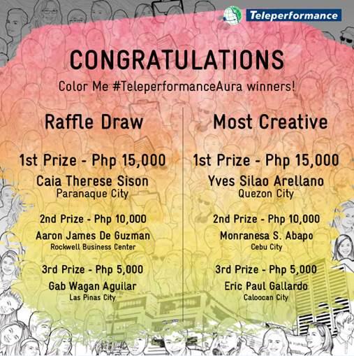WeAreTPinthePH's tweet photo. Congratulations to the winners of our
Color Me #TeleperformanceAura Contest. http://t.co/rj7RwrA0dw