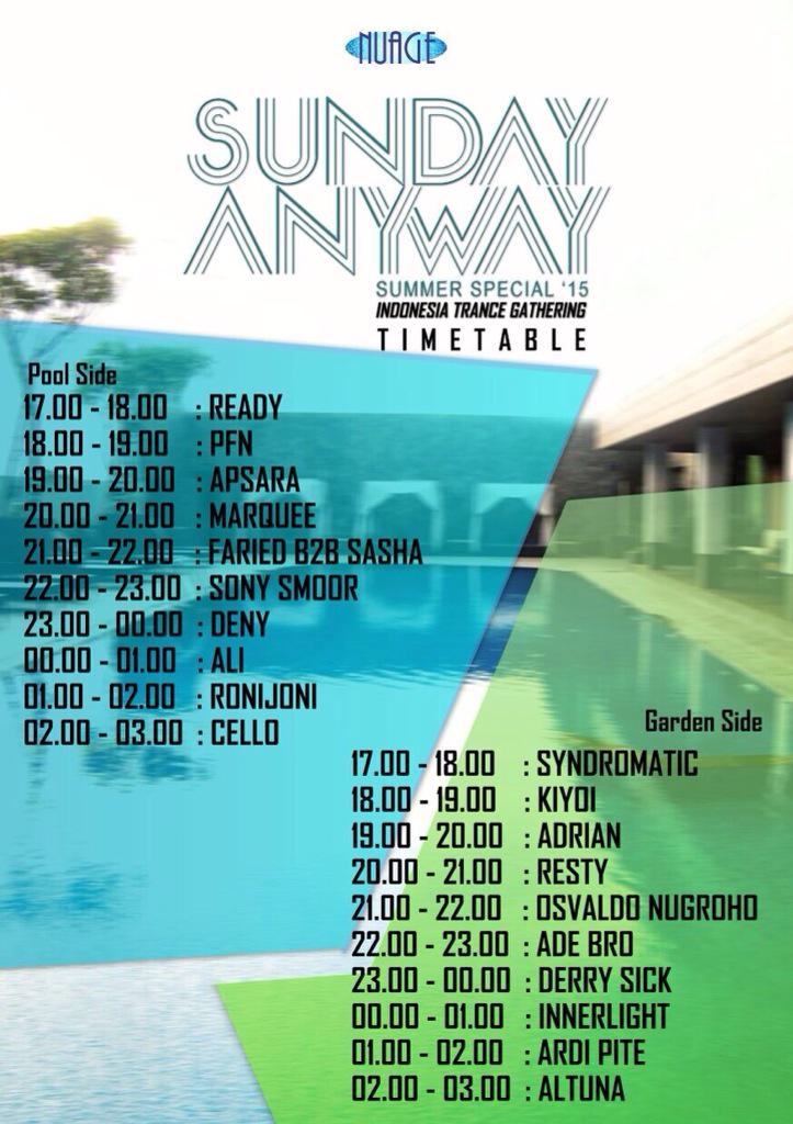 Here's the fix timetable for this Sunday Anyway Summer Special 2015. <a href="/adipKiyoi/">Adip Kiyoi</a> <a href="/Enviromusic/">Enviro Records</a>