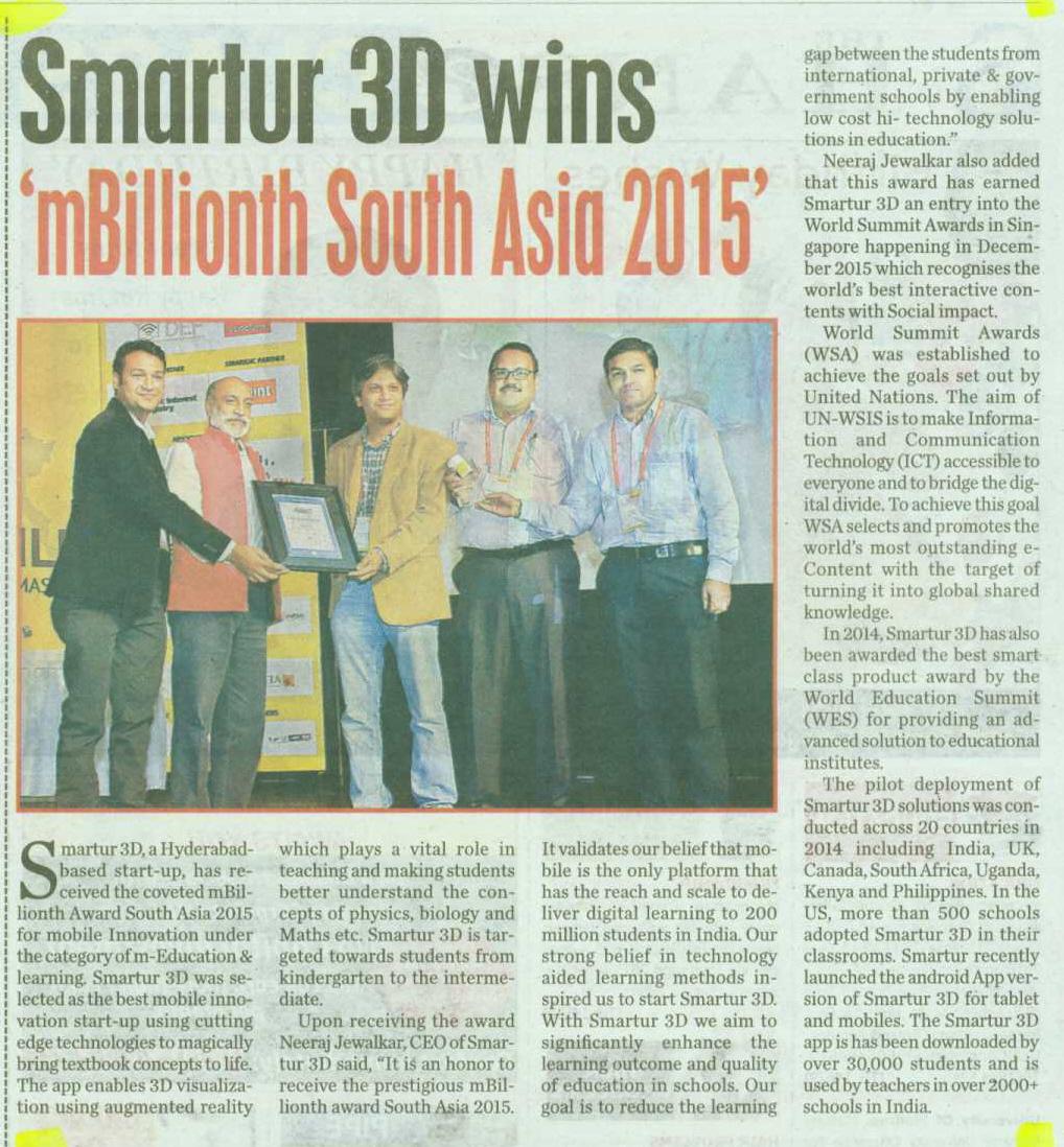 Smartur3d's tweet photo. Smartur 3D's prestigious win in #mBillionth2015 gets featured in  Hans India! @mBillionth @WSAoffice @OsamaManzar http://t.co/1jJF6zoJHN