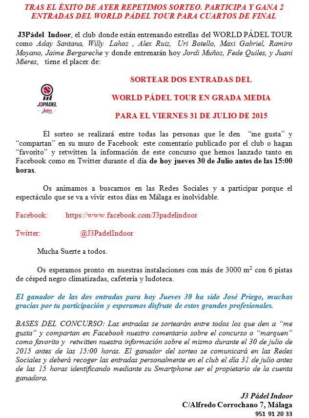 J3PadelIndoor's tweet photo. Tras el éxito de ayer sorteamos entradas para @WorldPadelTour   @J3PadelIndoor  Tu club y el de los profesionales. http://t.co/uxZE94gpdn
