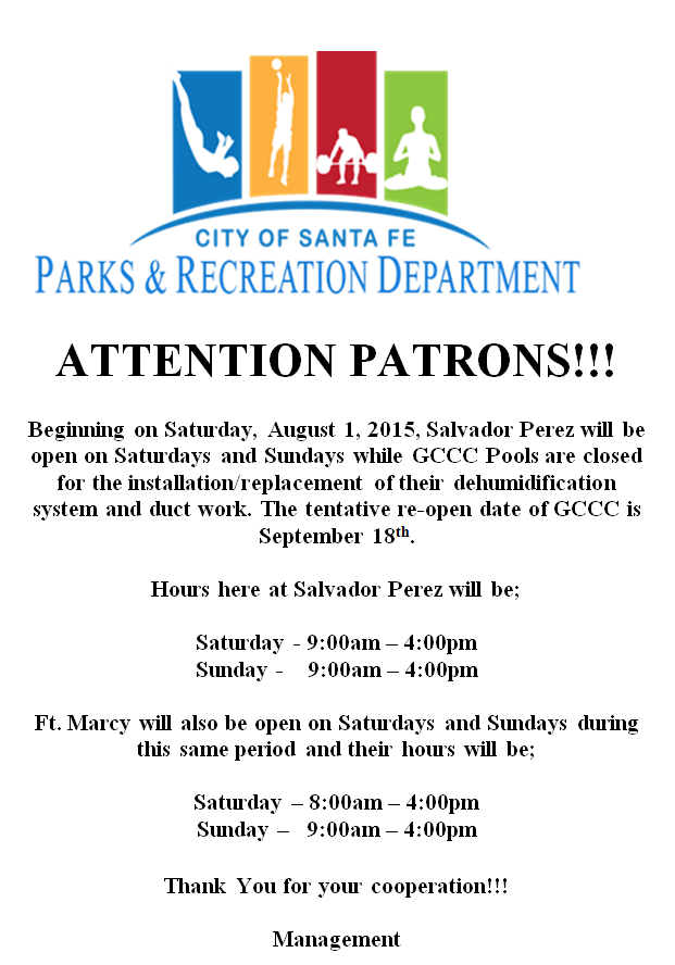 ParksandRecSF's tweet photo. Patrons! We opening Fort Marcy &amp; Salvador Perez Complexes on their usual days of closure while GCCC's pool is closed! http://t.co/kMJiOz74ut