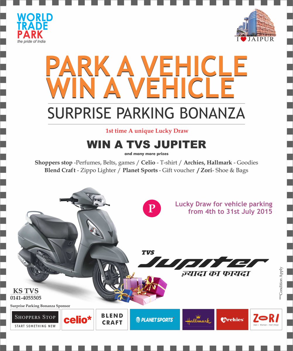 wtpjaipur's tweet photo. LAST 1 DAY LEFT HURRY UP, WIn TVS Jupiter or other fabulous prizes by just parking your vehicle at WTP before 31st. http://t.co/4R1KQvUW2v