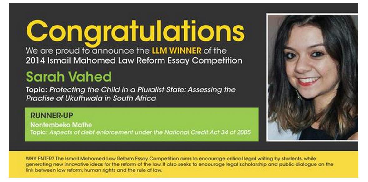 DrBericCroome's tweet photo. Congratulations @srhvahed winner 2014 Ismail Mahomed Law Reform @ISLREssay announced by @JutaLaw via @MarlineeC http://t.co/XbHO9Iblzh
