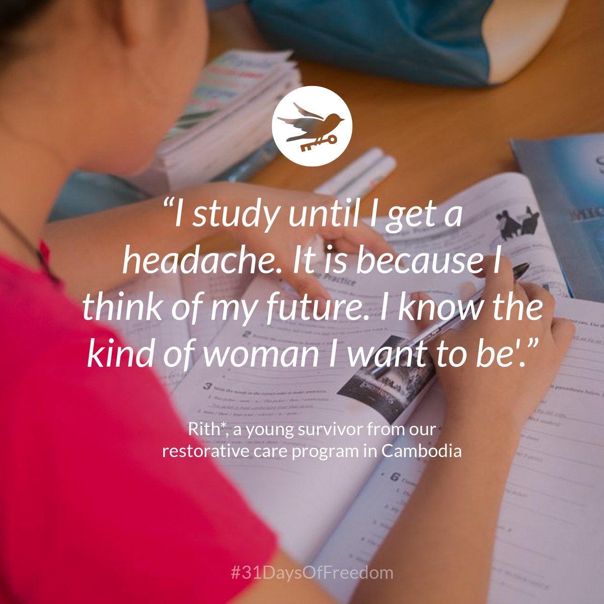 HFJ_US's tweet photo. Rith*, a young survivor from our HFJ Dream Home in Cambodia shares about her desire to learn! RT for #31DaysofFreedom http://t.co/uyxj2mhcJP