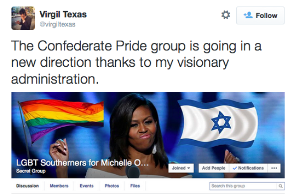 Slate's tweet photo. A Confederate Facebook group was hijacked &amp; turned into "LGBT Southerners for Michelle Obama" http://t.co/W5fl0g2jJa http://t.co/XDgmLBpc2g