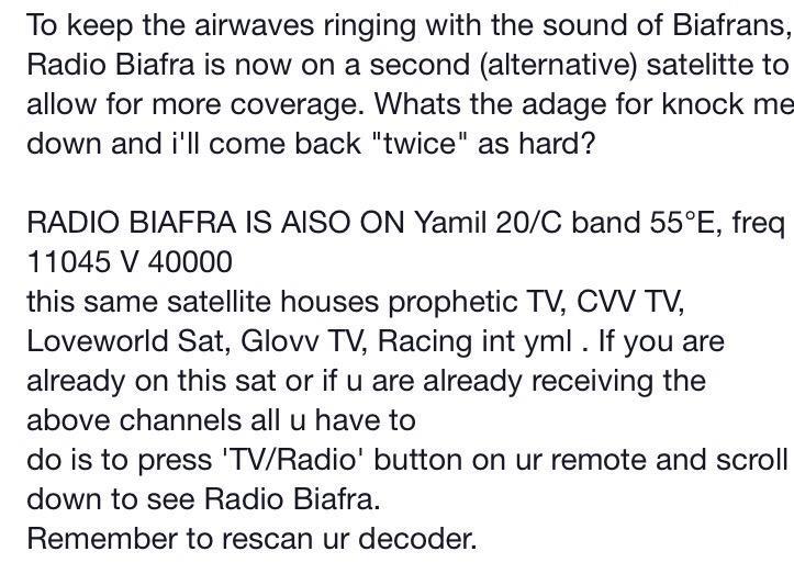 Asomonyeegwu's tweet image. #RadioBiafra is also on Yamil Satellite. 
If they close this 2 we open 4. #Formidability 
Ma odighi mma, o di gi njo!
