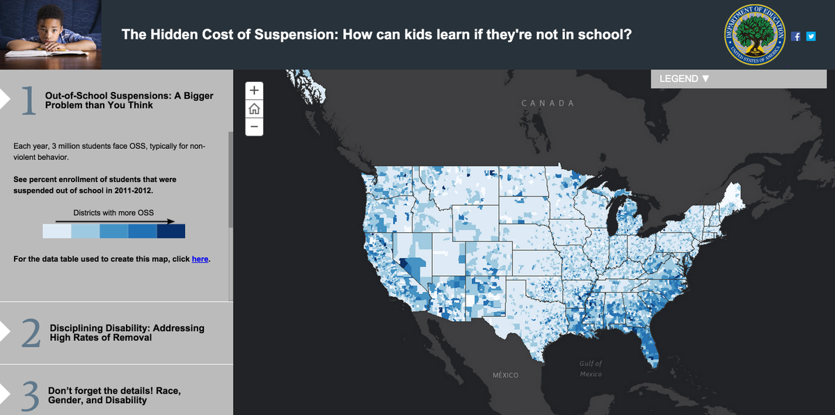 usedgov's tweet photo. These interactive maps tell the suspension story in America. It's time to #RethinkDiscipline → http://t.co/Cb7K01mHHy http://t.co/cXIupBMVRN