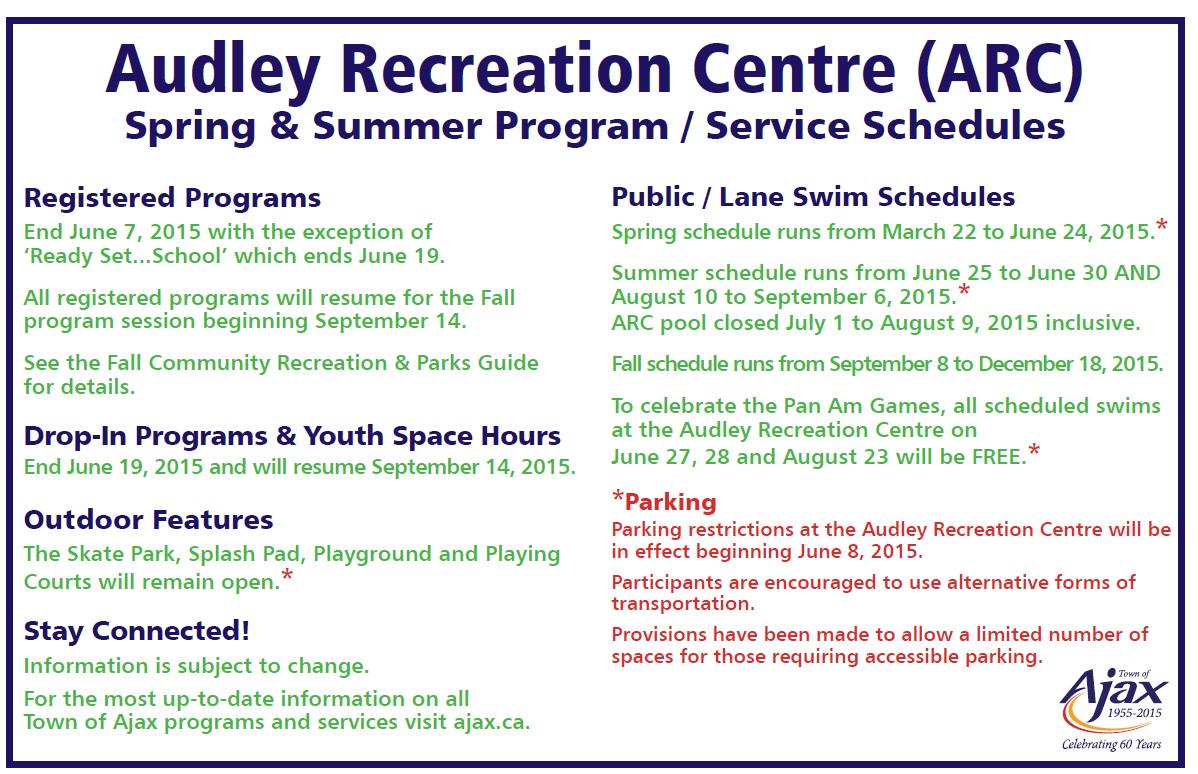 Your guide to summer program/service schedules at the Audley Recreation Centre after the #panamajax Games.
