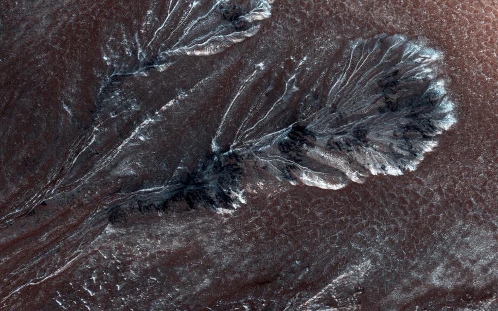 NASA's tweet image. Frost seen on Mars by our @HiRISE camera is made of carbon dioxide; on Earth, it's water ice: go.nasa.gov/1KCMedp