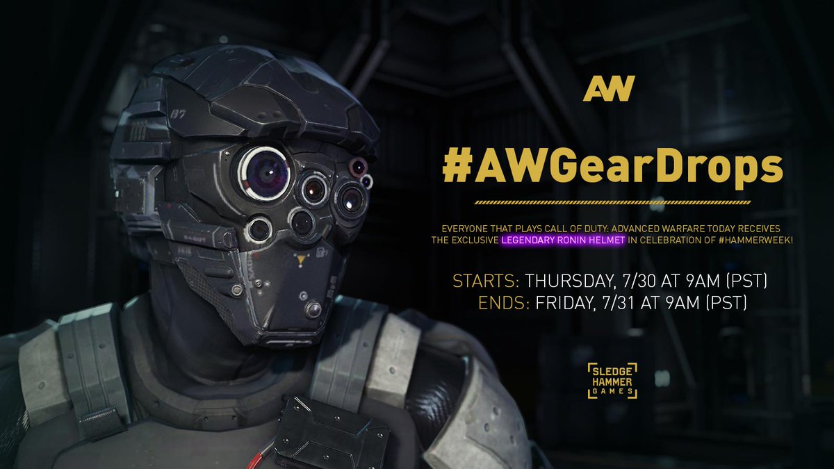 SHGames's tweet image. NOW LIVE: The Legendary Ronin Helmet (all platforms). Play #AdvancedWarfare and it’s yours! Happy #HammerWeek!