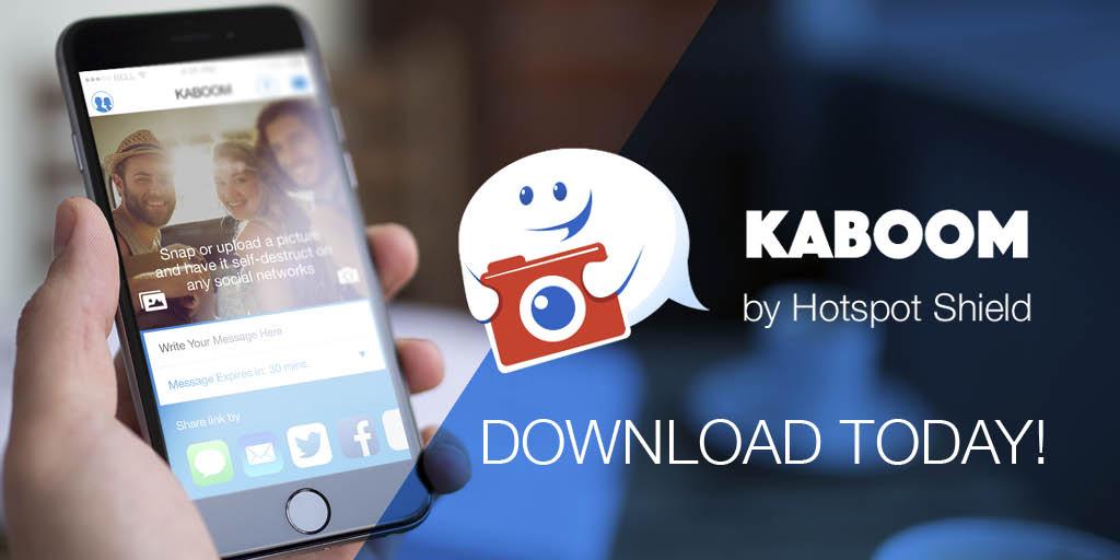 HotspotShield's tweet photo. Introducing our #NewFreeApp #KABOOM, which allows you to post/send messages that self destruct http://t.co/WxI1eoJSxR http://t.co/LZQExuY9Lz