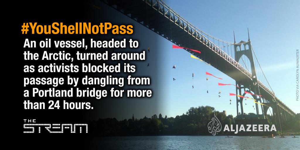 mmbilal's tweet image. #YouShellNotPass: Shell vessel retreats after activists dangle from Portland bridge buff.ly/1H75pXV #ShellNo