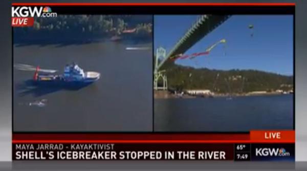 New pics of the dangling darlings--the suspended superheroes--of the environmental movement. Shell blinked! #shellno